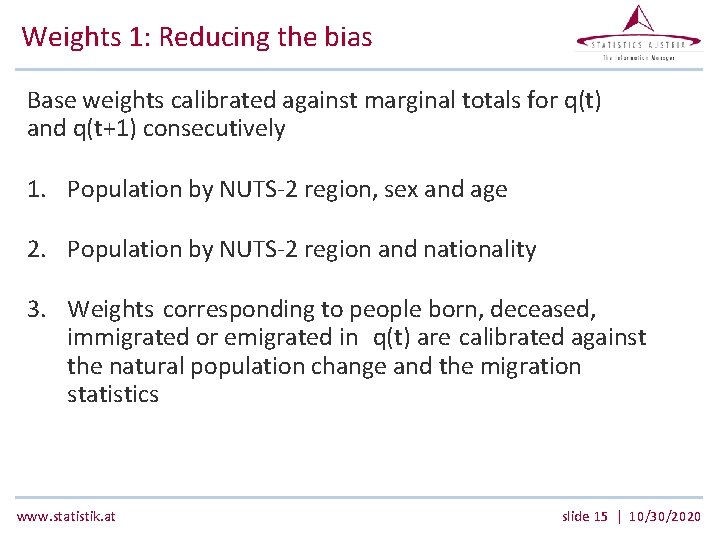 Weights 1: Reducing the bias Base weights calibrated against marginal totals for q(t) and