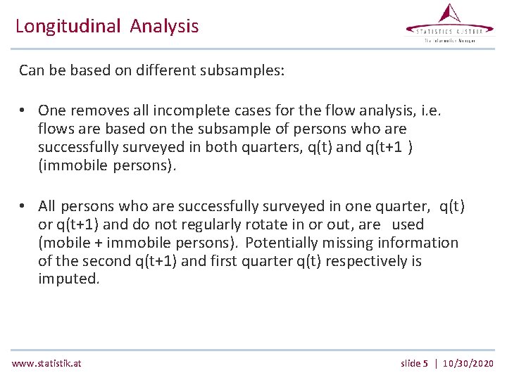 Longitudinal Analysis Can be based on different subsamples: • One removes all incomplete cases