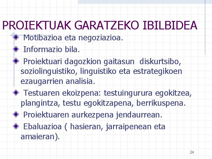 PROIEKTUAK GARATZEKO IBILBIDEA Motibazioa eta negoziazioa. Informazio bila. Proiektuari dagozkion gaitasun diskurtsibo, soziolinguistiko, linguistiko