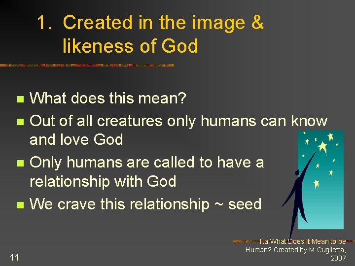 1. Created in the image & likeness of God n n 11 What does