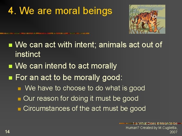 4. We are moral beings n n n We can act with intent; animals