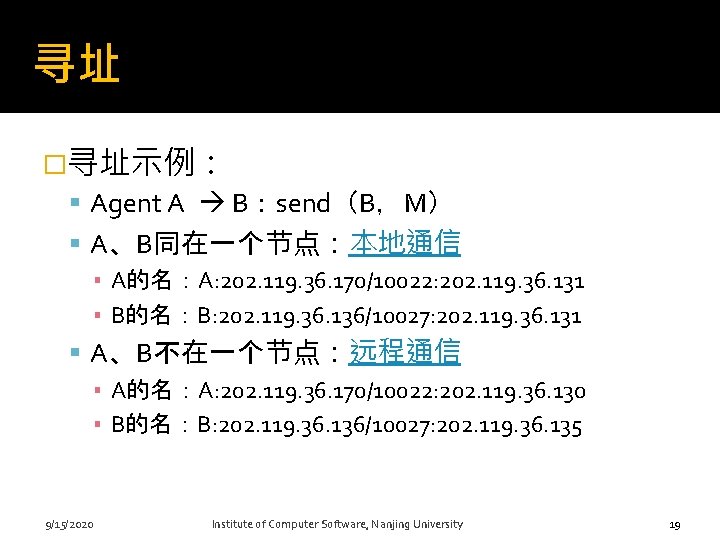 寻址 �寻址示例： Agent A B：send（B，M） A、B同在一个节点：本地通信 ▪ A的名：A: 202. 119. 36. 170/10022: 202. 119.