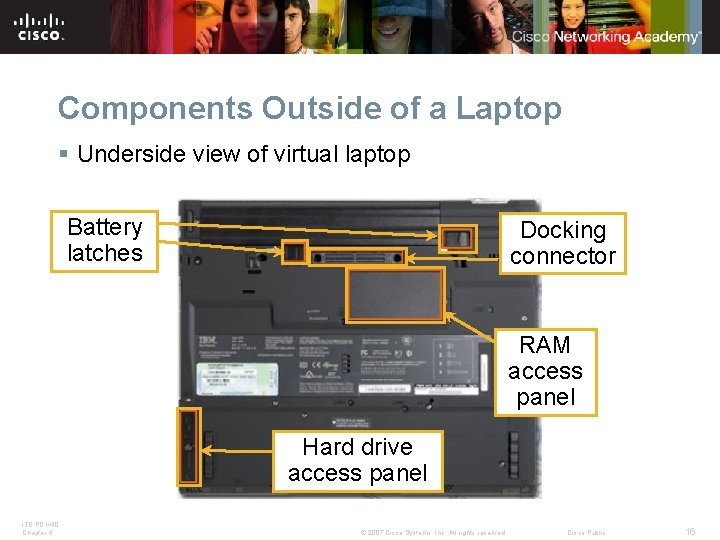 Components Outside of a Laptop § Underside view of virtual laptop Battery latches Docking