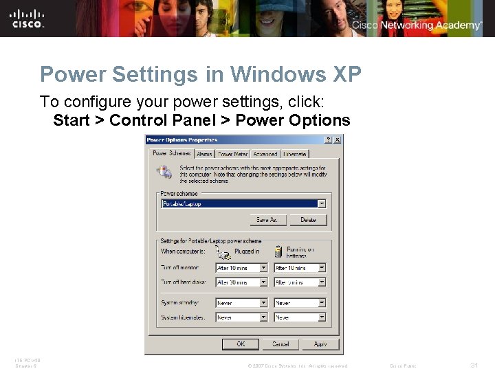 Power Settings in Windows XP To configure your power settings, click: Start > Control