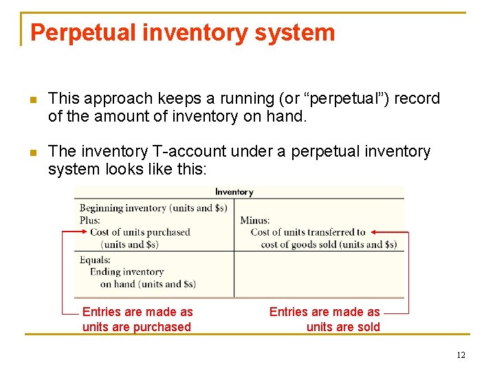 Perpetual inventory system n This approach keeps a running (or “perpetual”) record of the