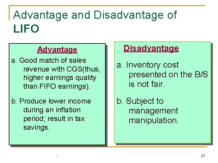 Advantage and Disadvantage of LIFO Advantage a. Good match of sales revenue with CGS(thus,