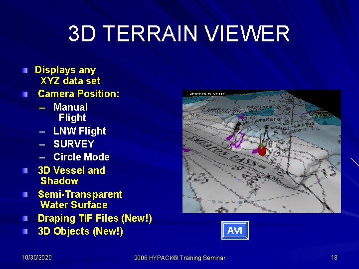 3 D TERRAIN VIEWER Displays any XYZ data set Camera Position: – Manual Flight