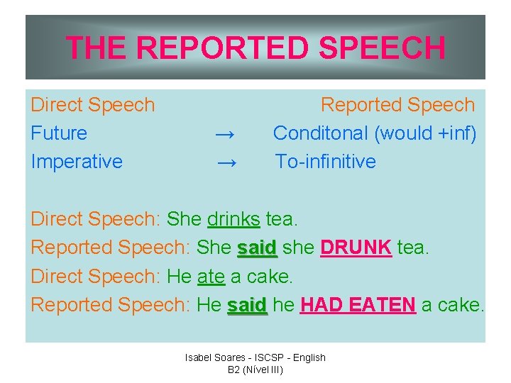THE REPORTED SPEECH Direct Speech Future Imperative → → Reported Speech Conditonal (would +inf)