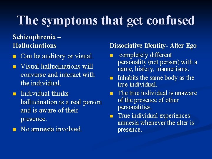 The symptoms that get confused Schizophrenia – Hallucinations Dissociative Identity- Alter Ego n completely