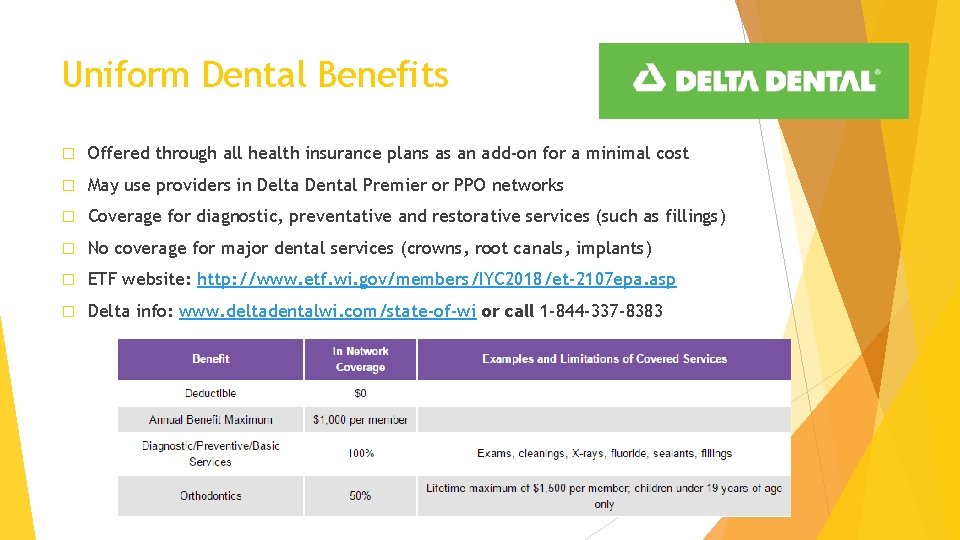 Uniform Dental Benefits � Offered through all health insurance plans as an add-on for