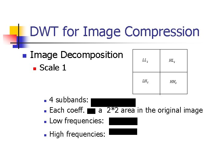 DWT for Image Compression n Image Decomposition n Scale 1 LL 1 HL 1