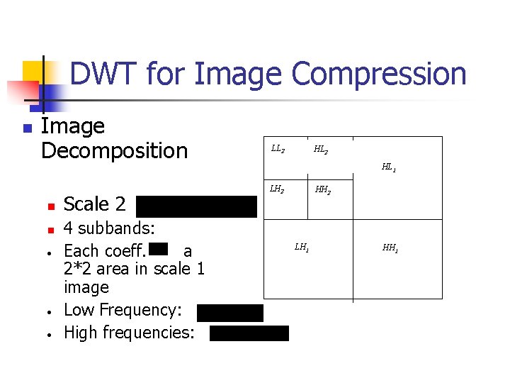 DWT for Image Compression n Image Decomposition n n • • • Scale 2