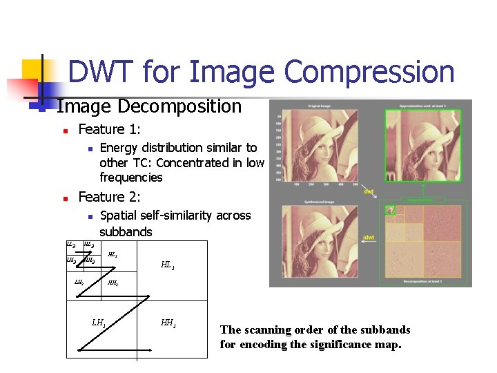 DWT for Image Compression n Image Decomposition Feature 1: n n Energy distribution similar