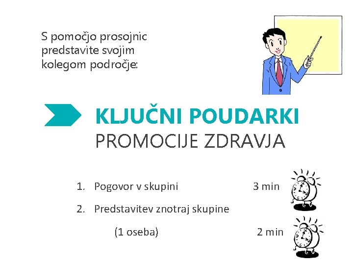 S pomočjo prosojnic predstavite svojim kolegom področje: KLJUČNI POUDARKI PROMOCIJE ZDRAVJA 1. Pogovor v