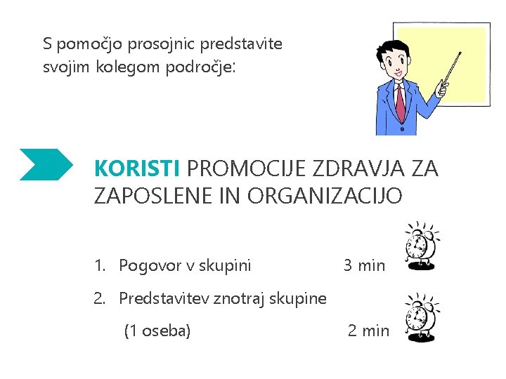 S pomočjo prosojnic predstavite svojim kolegom področje: KORISTI PROMOCIJE ZDRAVJA ZA ZAPOSLENE IN ORGANIZACIJO