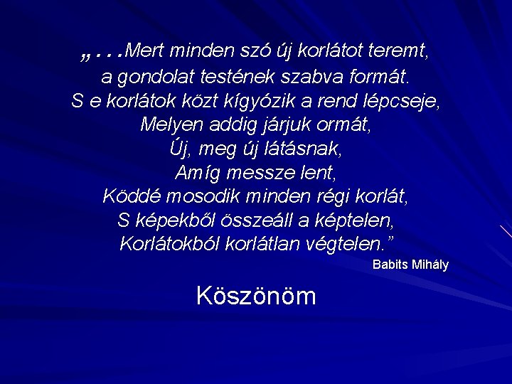 „…Mert minden szó új korlátot teremt, a gondolat testének szabva formát. S e korlátok