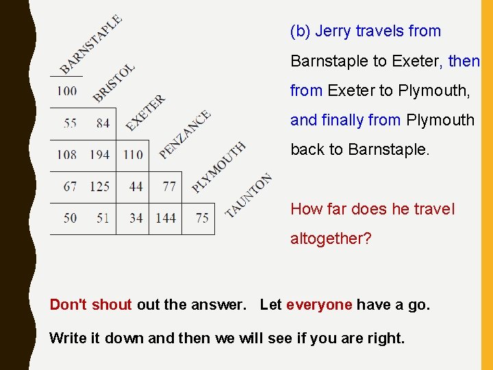 (b) Jerry travels from Barnstaple to Exeter, then from Exeter to Plymouth, and finally