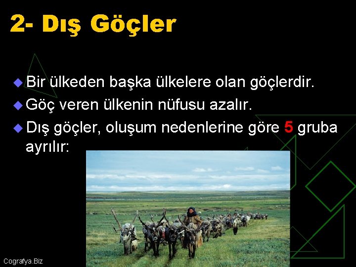 2 - Dış Göçler u Bir ülkeden başka ülkelere olan göçlerdir. u Göç veren