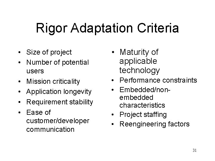 Rigor Adaptation Criteria • Size of project • Number of potential users • Mission Rigor Adaptation Criteria • Size of project • Number of potential users • Mission