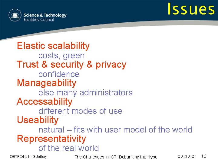 Issues Elastic scalability costs, green Trust & security & privacy confidence Manageability else many