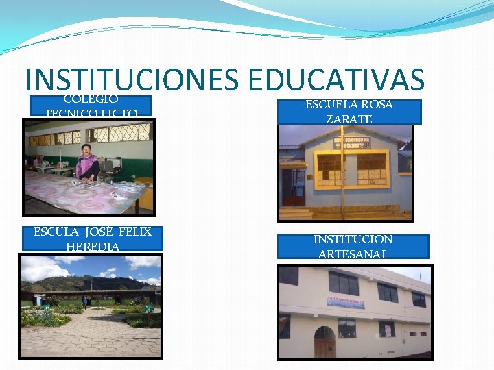 INSTITUCIONES EDUCATIVAS COLEGIO TECNICO LICTO ESCULA JOSÉ FELIX HEREDIA ESCUELA ROSA ZARATE INSTITUCION ARTESANAL