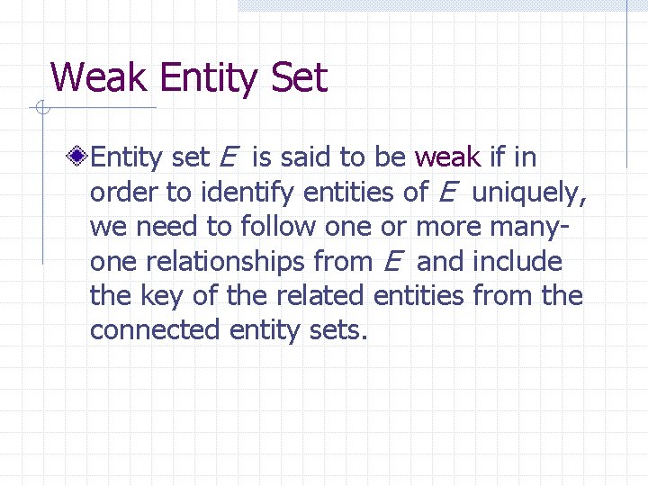 Weak Entity Set Entity set E is said to be weak if in order