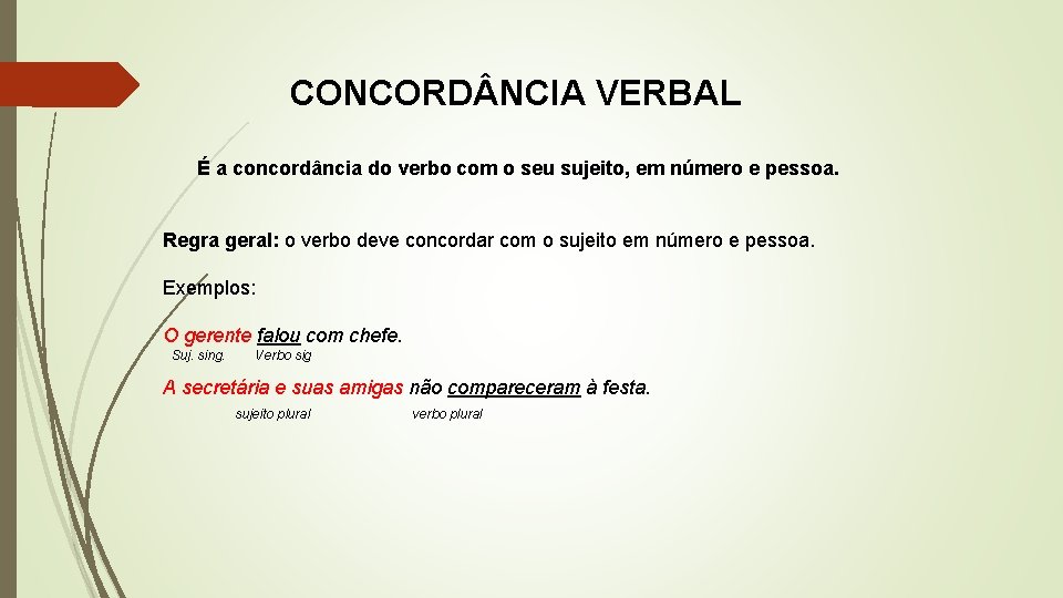 CONCORD NCIA VERBAL É a concordância do verbo com o seu sujeito, em número