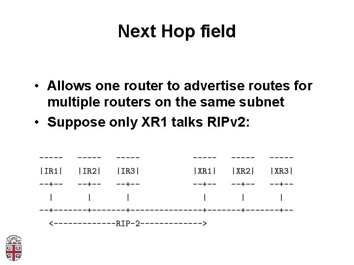 Next Hop field • Allows one router to advertise routes for multiple routers on