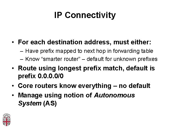IP Connectivity • For each destination address, must either: – Have prefix mapped to
