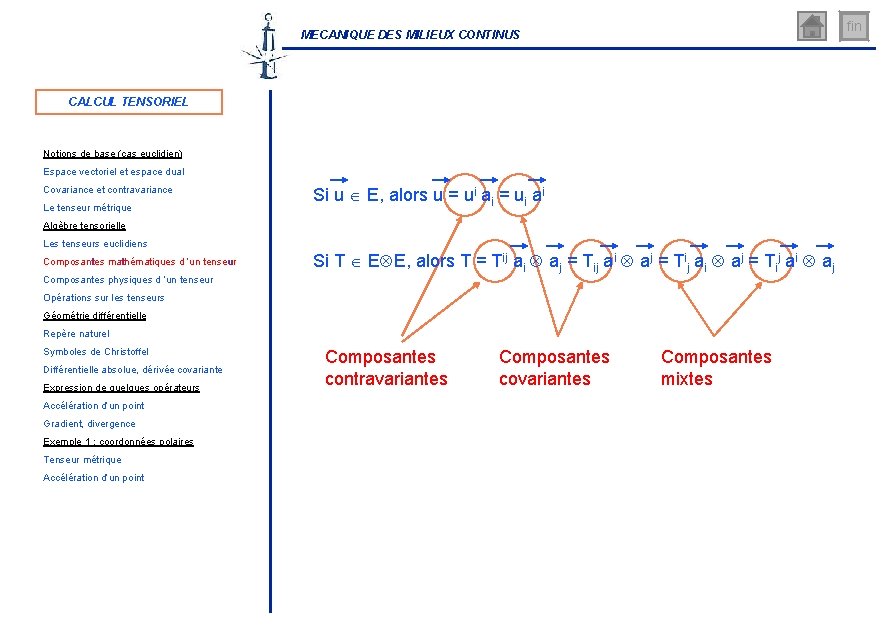 fin MECANIQUE DES MILIEUX CONTINUS CALCUL TENSORIEL Notions de base (cas euclidien) Espace vectoriel