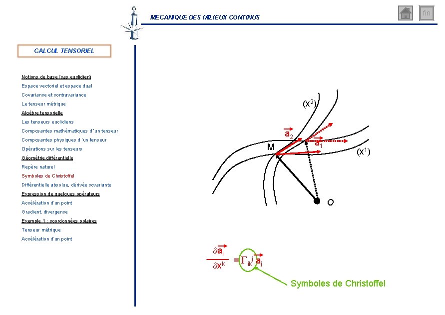 fin MECANIQUE DES MILIEUX CONTINUS CALCUL TENSORIEL Notions de base (cas euclidien) Espace vectoriel