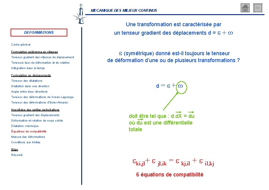 fin MECANIQUE DES MILIEUX CONTINUS Une transformation est caractérisée par DEFORMATIONS un tenseur gradient