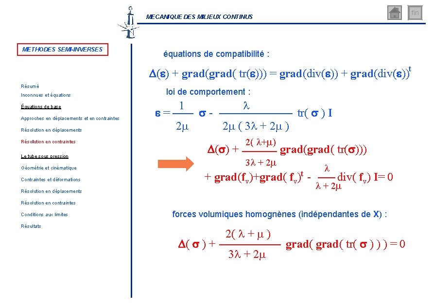 fin MECANIQUE DES MILIEUX CONTINUS METHODES SEMI-INVERSES équations de compatibilité : D( ) +