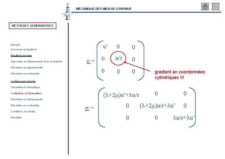 fin MECANIQUE DES MILIEUX CONTINUS METHODES SEMI-INVERSES Résumé Inconnues et équations Équations de base