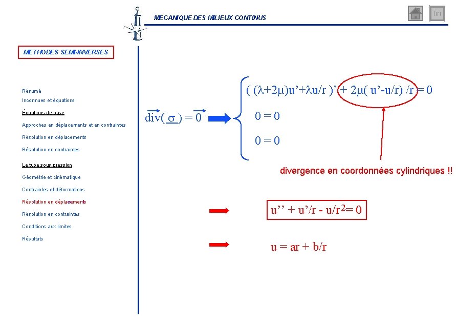 fin MECANIQUE DES MILIEUX CONTINUS METHODES SEMI-INVERSES ( (l+2 m)u’+lu/r )’ + 2 m(