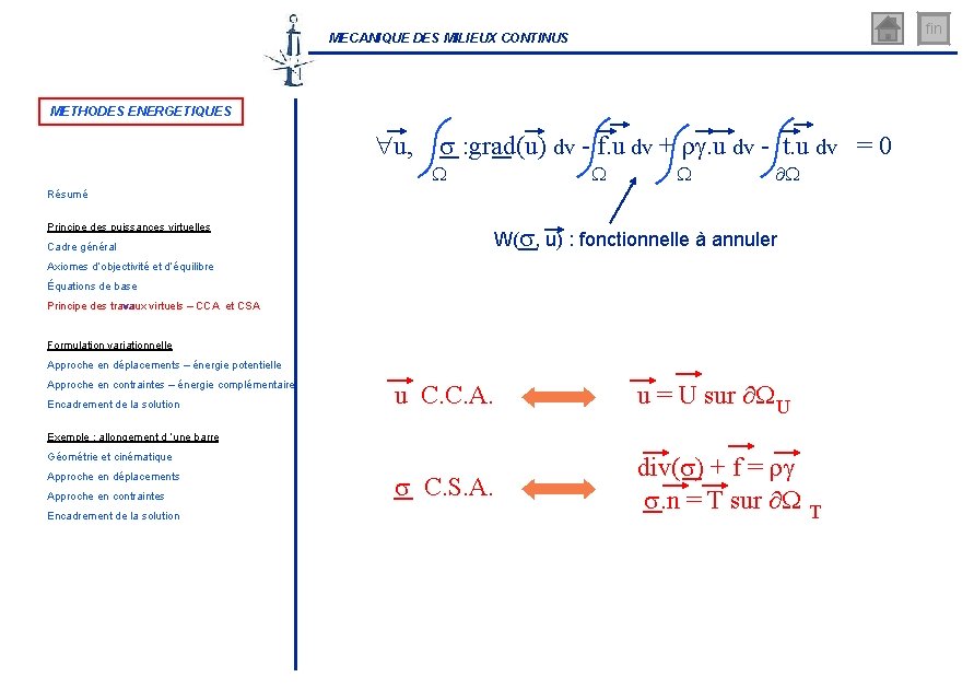 fin MECANIQUE DES MILIEUX CONTINUS METHODES ENERGETIQUES u, s : grad(u) dv - f.