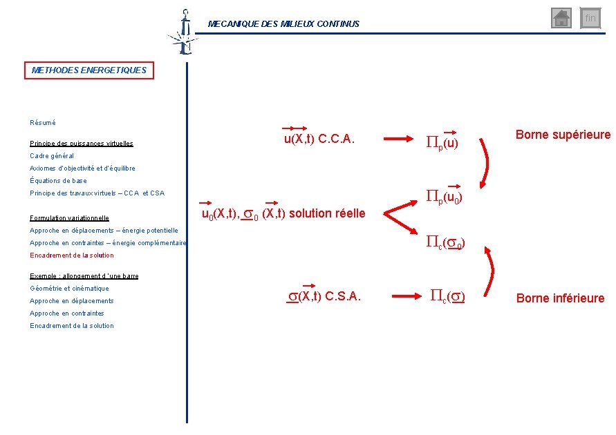 fin MECANIQUE DES MILIEUX CONTINUS METHODES ENERGETIQUES Résumé Principe des puissances virtuelles u(X, t)