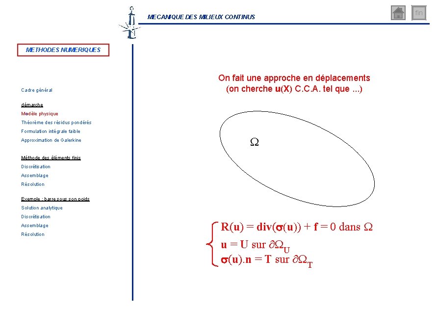 MECANIQUE DES MILIEUX CONTINUS METHODES NUMERIQUES Cadre général On fait une approche en déplacements