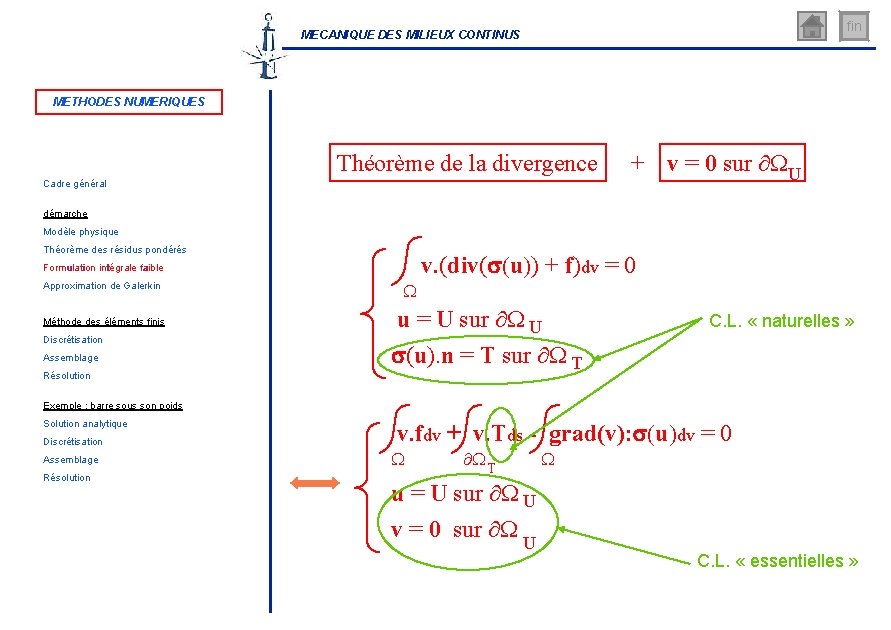 fin MECANIQUE DES MILIEUX CONTINUS METHODES NUMERIQUES Théorème de la divergence Cadre général +