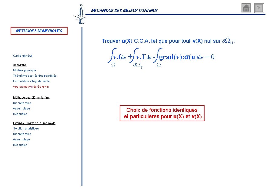 MECANIQUE DES MILIEUX CONTINUS METHODES NUMERIQUES Trouver u(X) C. C. A. tel que pour