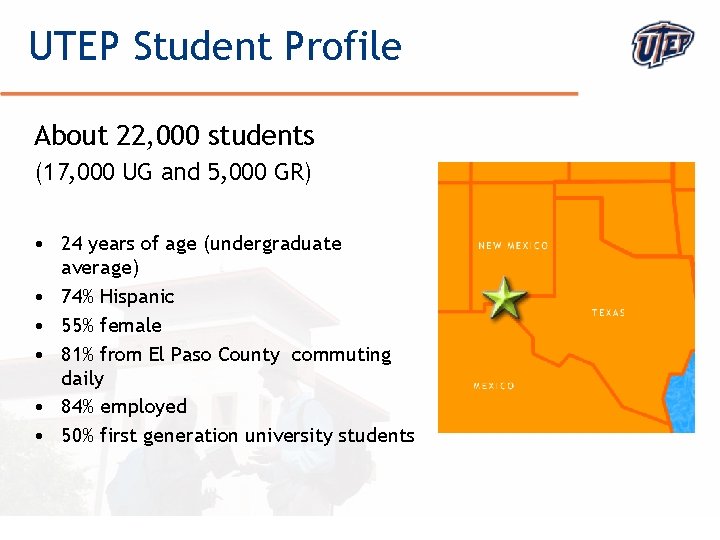 UTEP Student Profile About 22, 000 students (17, 000 UG and 5, 000 GR)