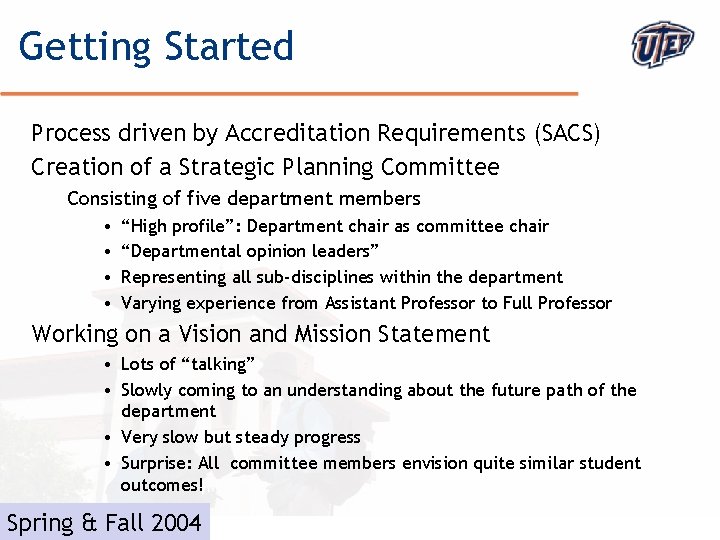 Getting Started Process driven by Accreditation Requirements (SACS) Creation of a Strategic Planning Committee