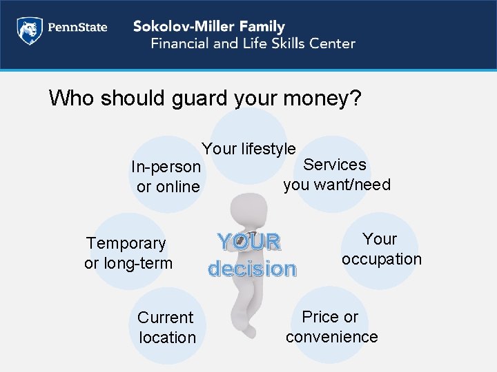 Who should guard your money? Your lifestyle Services In-person you want/need or online Temporary