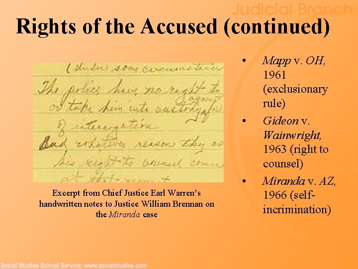 Rights of the Accused (continued) • • • Excerpt from Chief Justice Earl Warren’s