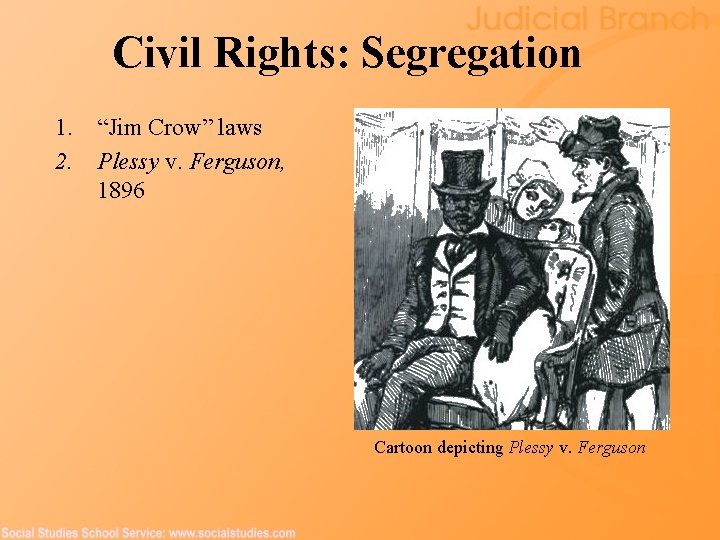 Civil Rights: Segregation 1. “Jim Crow” laws 2. Plessy v. Ferguson, 1896 Cartoon depicting