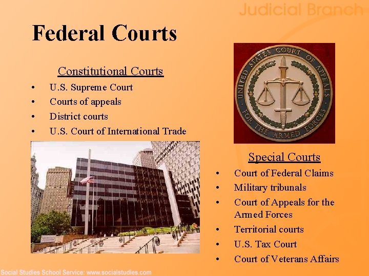 Federal Courts Constitutional Courts • • U. S. Supreme Courts of appeals District courts