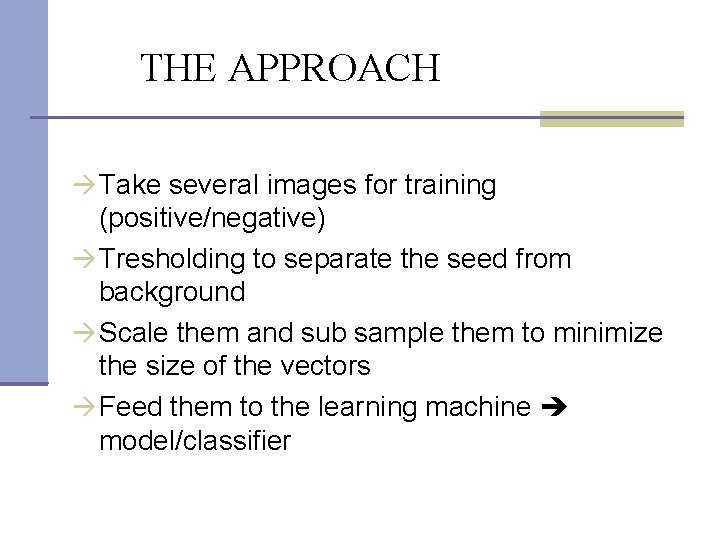 THE APPROACH Take several images for training (positive/negative) Tresholding to separate the seed from
