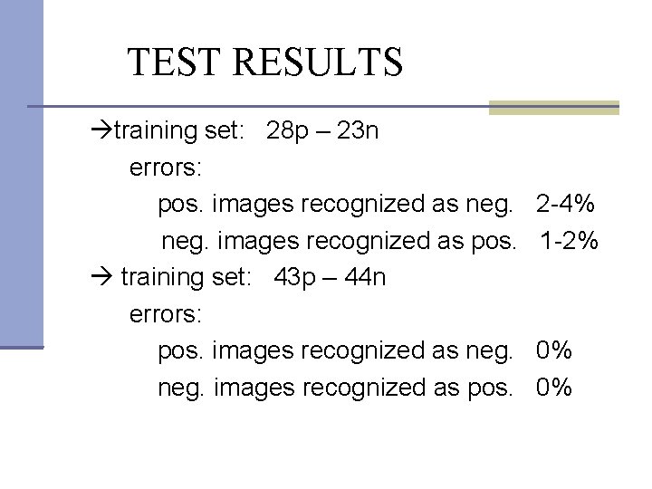 TEST RESULTS training set: 28 p – 23 n errors: pos. images recognized as