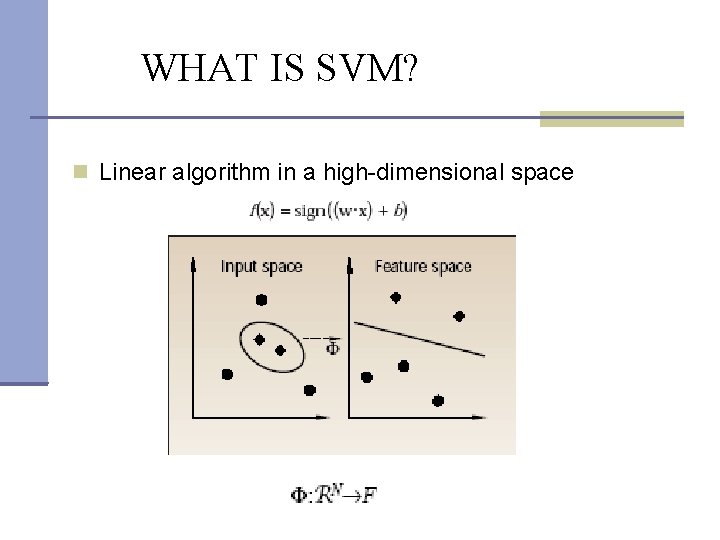 WHAT IS SVM? Linear algorithm in a high-dimensional space 