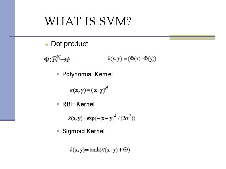 WHAT IS SVM? Dot product Polynomial Kernel RBF Kernel Sigmoid Kernel 